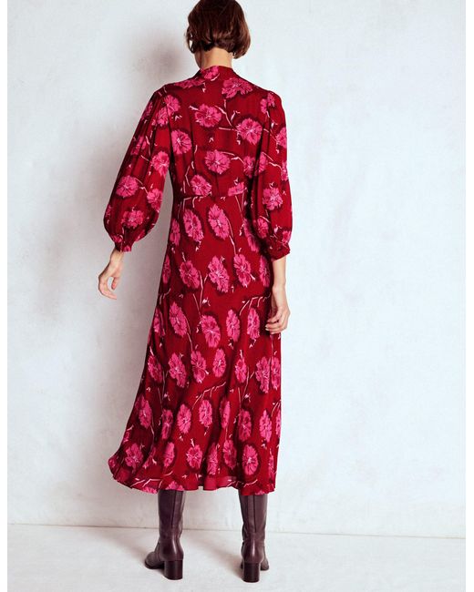 Boden Red Brooke Tie Neck Tea Dress Cranberry, Delicate Vine