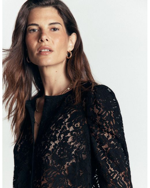 Boden Black Lace Puff Sleeve Top