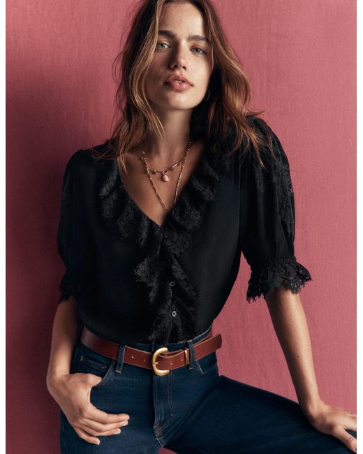 Boden Black Ruffle V-Neck Lace Top