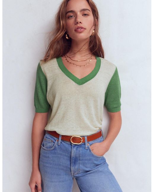 Boden Green Agnes Linen V Neck T-Shirt