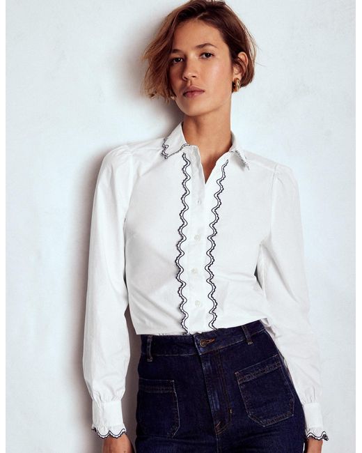 Boden White Embroidered Cotton Shirt, Embroidery