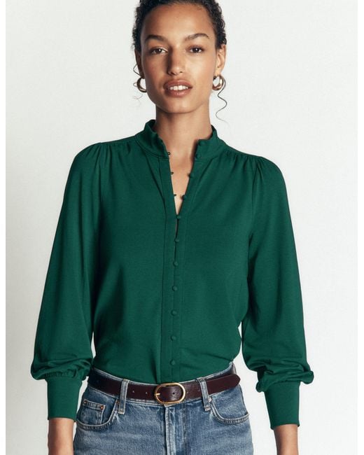 Boden Green Isla Funnel Neck Button Blouse