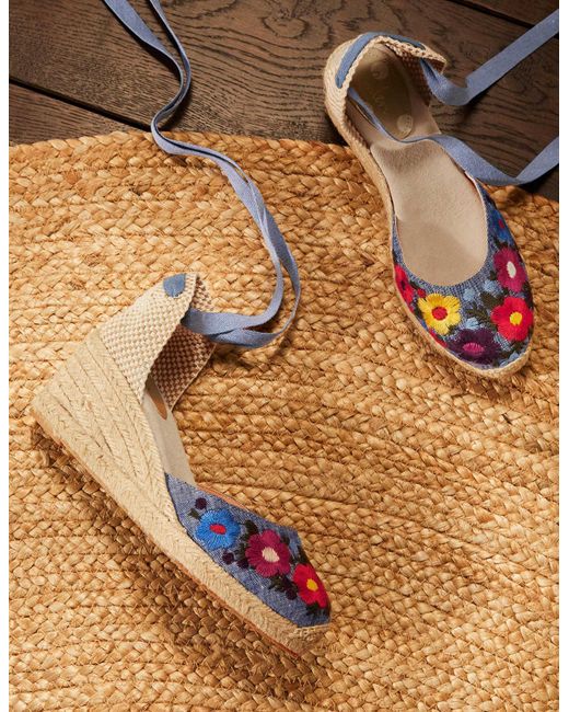 Boden Blue Cassie Espadrille Wedges Chambray Embroidery