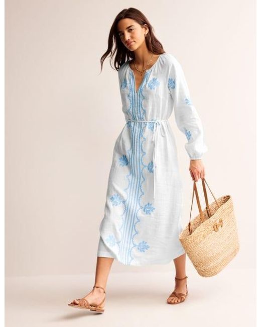 boden blue embroidered dress Ava Linen Blend Midi Dress-Blue Embroidery main image 0