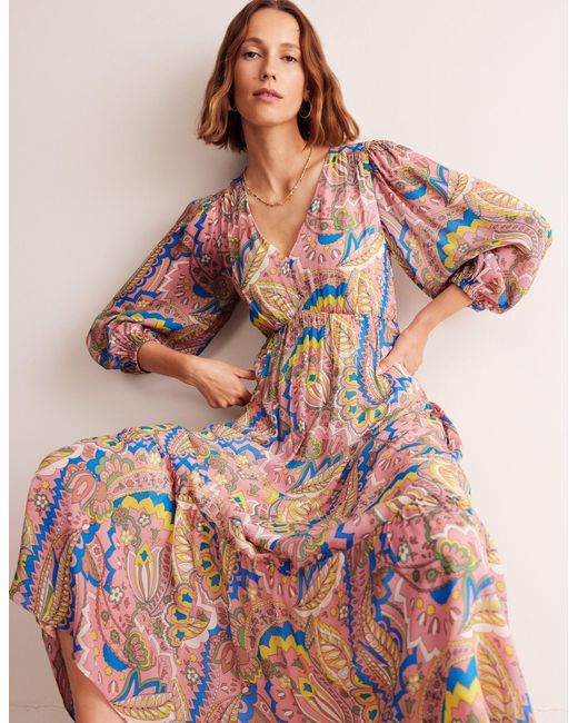 Boden V Neck Puff Maxi Dress Air Blue, Fantastical Small