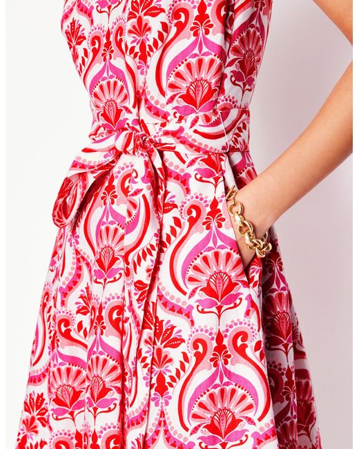 Boden Red Anya Ärmelloses Leinenkleid-Mohnblumenrot, Blumenmuster Mit Ornamenten