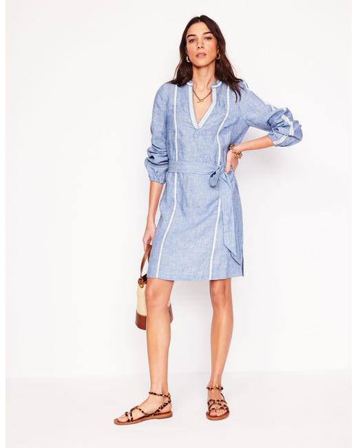Boden Blue Cleo Linen Tie Waist Dress