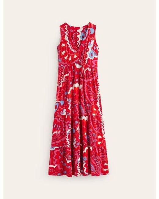 Boden Red Sylvia Jersey Maxi Tier Dress Flame Scarlet, Foliage Paisley