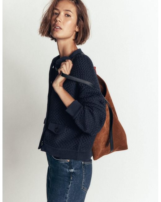 Boden Blue Textured Knitted Bomber Jacket