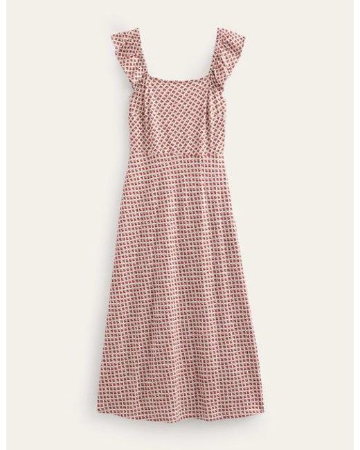 Boden Pink Frill Detail Jersey Midi Dress Vermillion, Bloom Bud