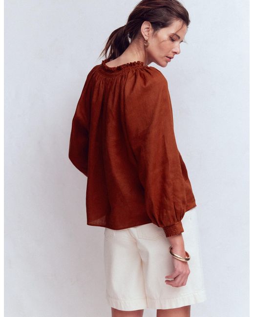 Boden Red Serena Pleat Neck Linen Top