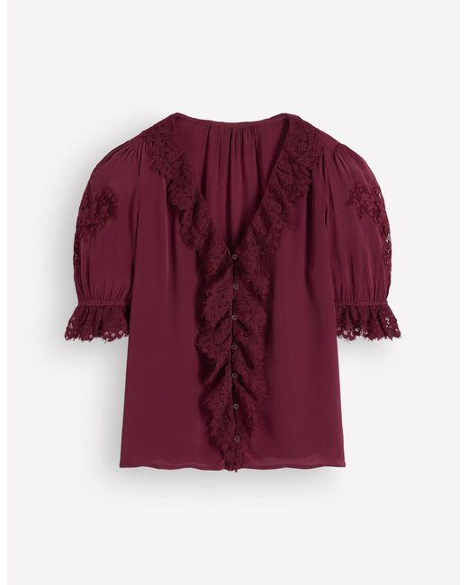 Boden Purple Ruffle V-Neck Lace Top