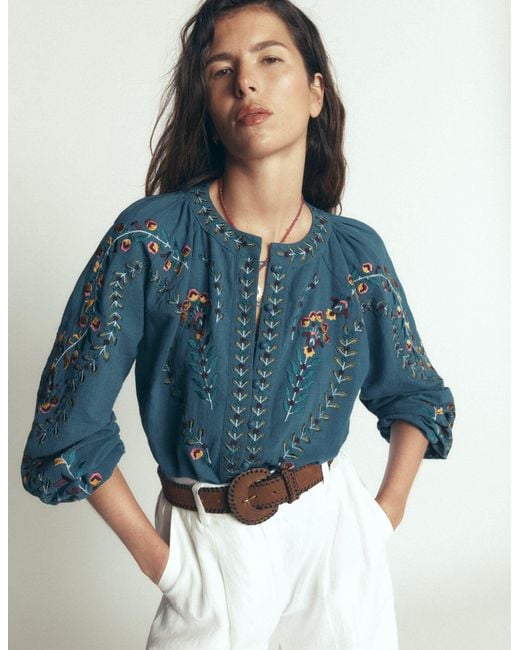 Boden Blue Raglan Embroidered Top