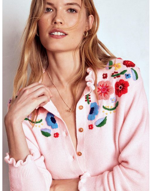 Boden Pink Embroidered Frill Cardigan