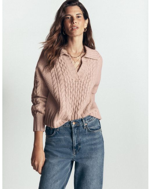Boden Natural Collared Cable Knit Sweater