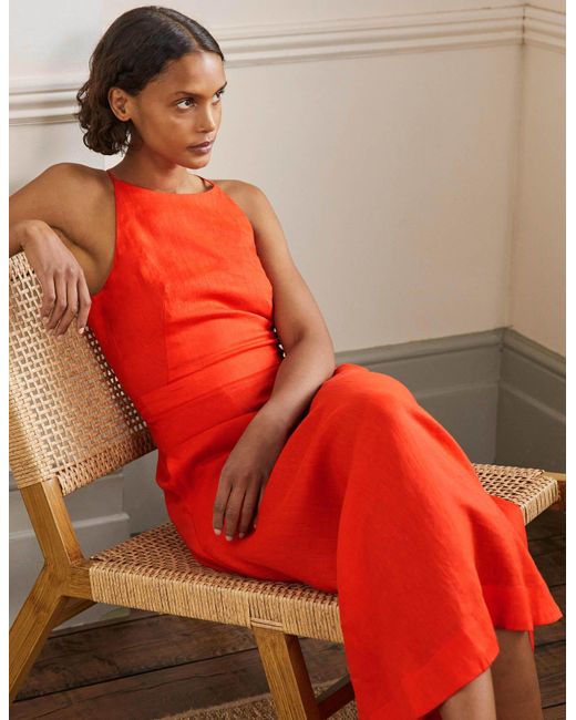 Boden Halterneck Linen Midi Dress Bright Papaya in Orange | Lyst