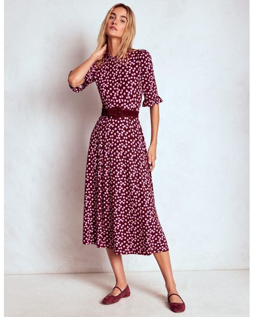 Boden Red Ruffle Seamed Midi Dress-Poppy, Dainty Sprigs