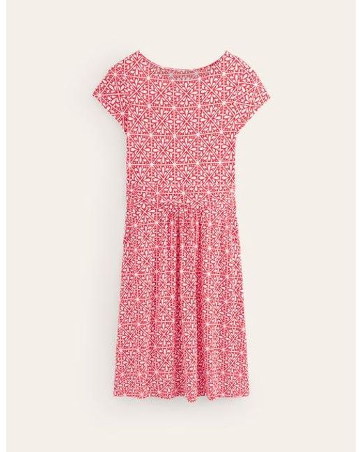 Boden Pink Amelie Jersey Dress Flame Scarlet, Floral Mosaic