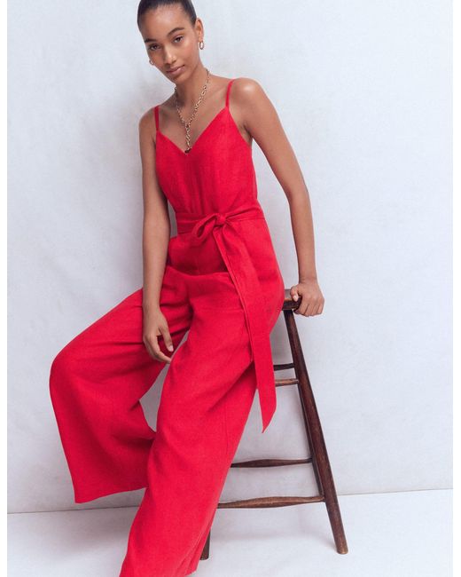 Boden Red Strappy Linen Jumpsuit