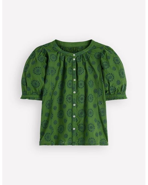 Boden Green Camille Embroidered Cotton Top
