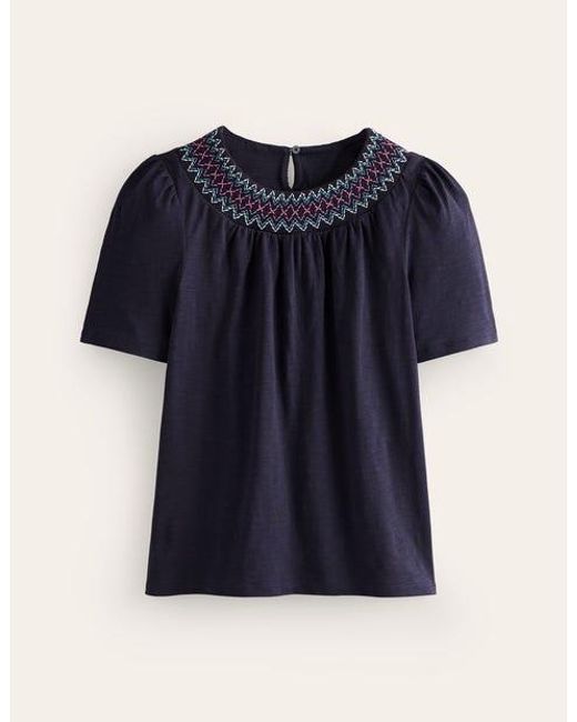 Boden Blue Smock Neck Puff Sleeve Top