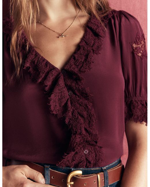 Boden Purple Ruffle V-Neck Lace Top