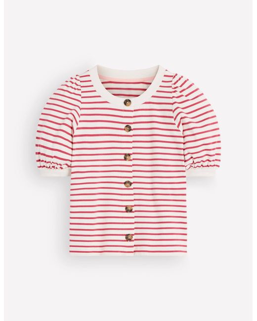 Boden Red Button-Through Puff Sleeve Top