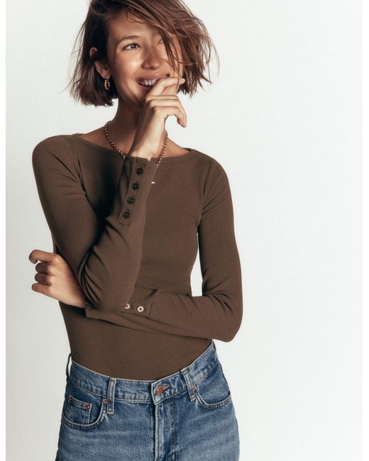 Boden Brown Button Cuff Ribbed Boatneck