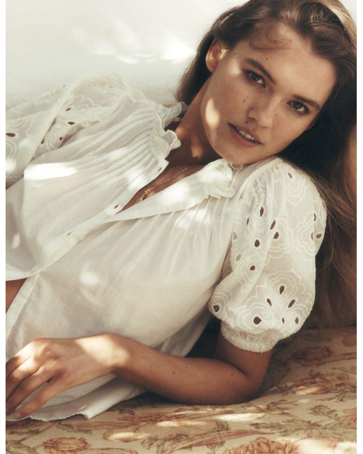 Boden White Cutwork Puff Sleeve Top