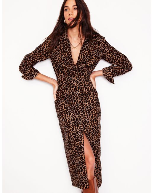 Boden Brown Flora Cord Midi Shirt Dress-Camel, Cheetah Pop