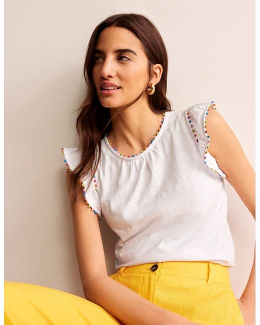 Boden Pom Trim Ruffle Sleeve Topwhite