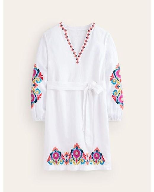 Boden White Cleo Embroidered Linen Dress