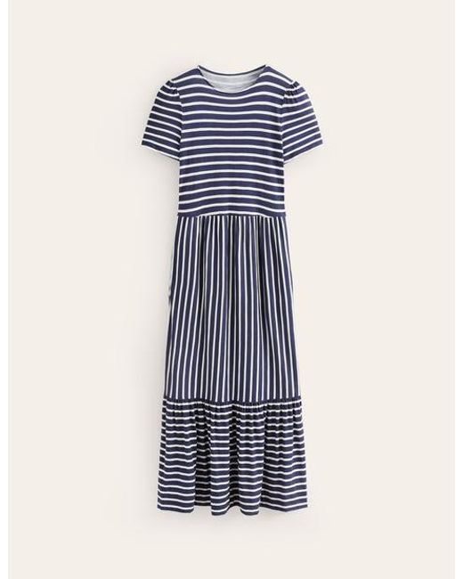 Boden Blue Emma Tiered Jersey Midi Dress French Navy, Ivory Stripe