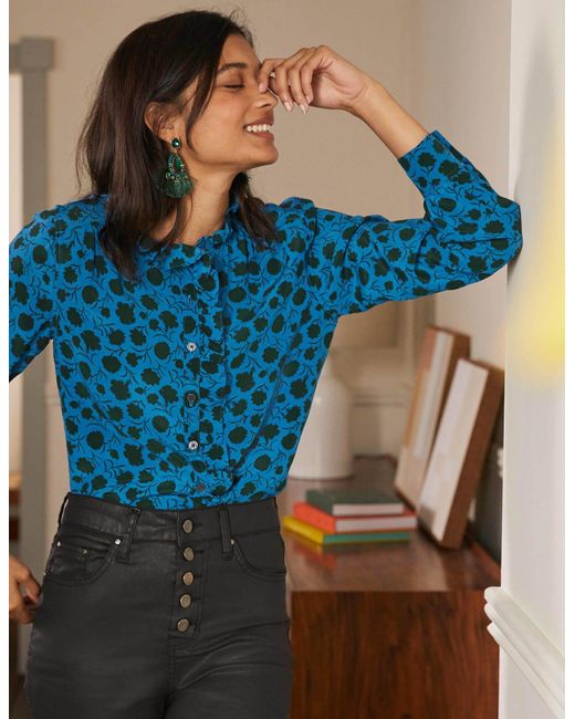 Boden High Neck Ruffle Silk Blouse Winter Azure, Leafy Bud in Blue Lyst