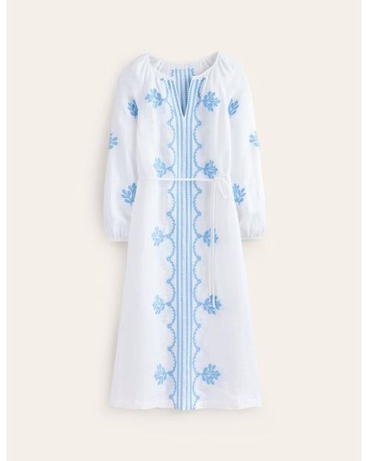 Boden Blue Embroidered Belted Linen Dress