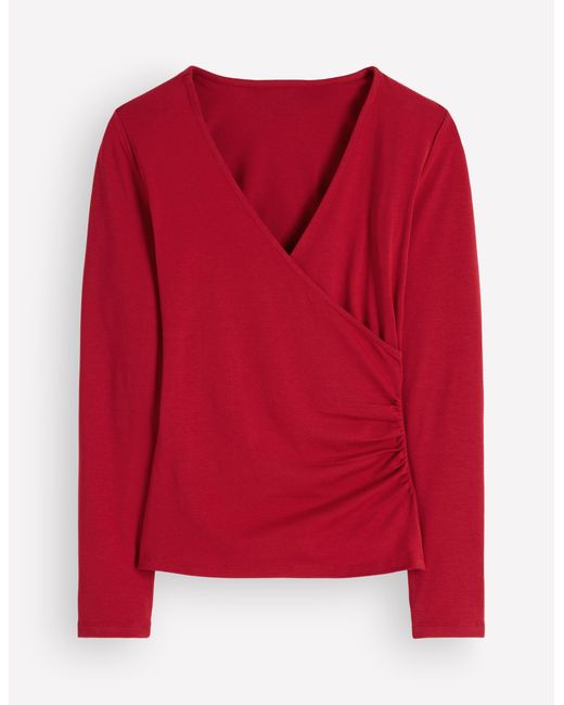 Boden Red Ruched Long Sleeve Wrap Top