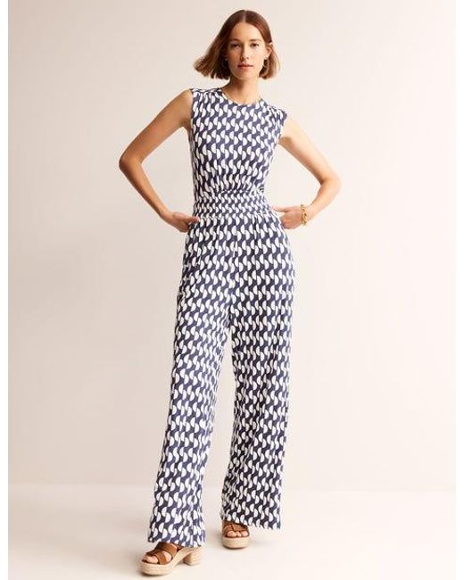 Boden White Thea Jersey Jumpsuit Navy, Geo Wave