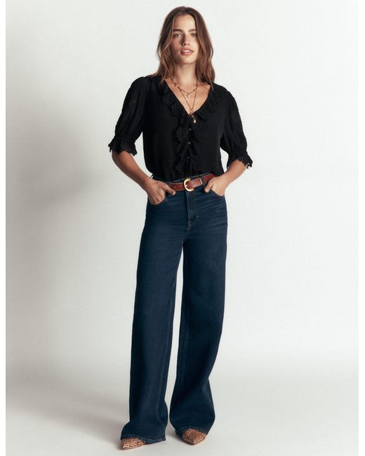 Boden Black Ruffle V-Neck Lace Top