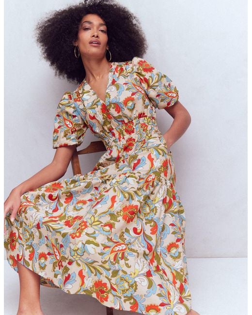 Boden Multicolor Irene Puff Sleeve Dress-Almond Milk, Cheetah Pop