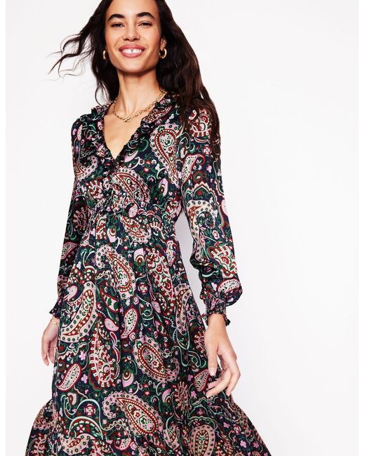 Boden Purple Shirred Ruffle Midi Dress