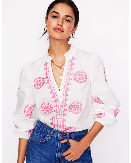 Boden White Embroidered Cotton Top- Embroidery