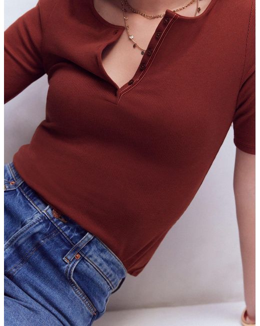 Boden Red Short Sleeve Rib Henley Top