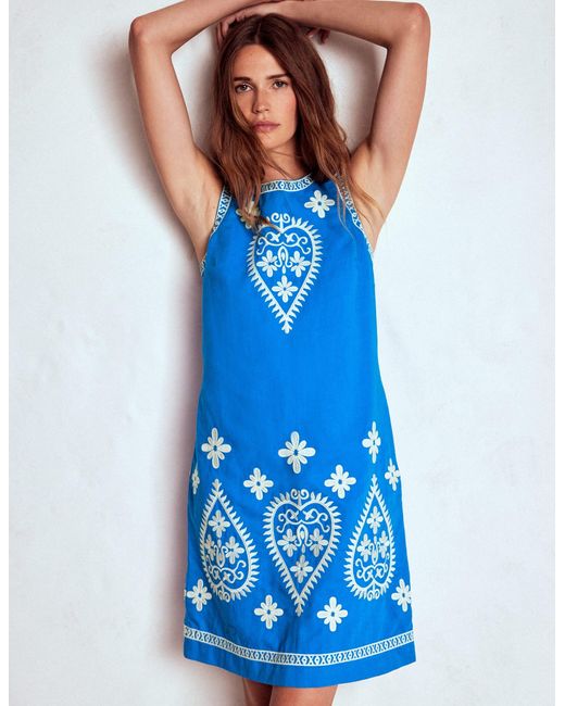 Boden Blue Embroidered Linen Shift Dress