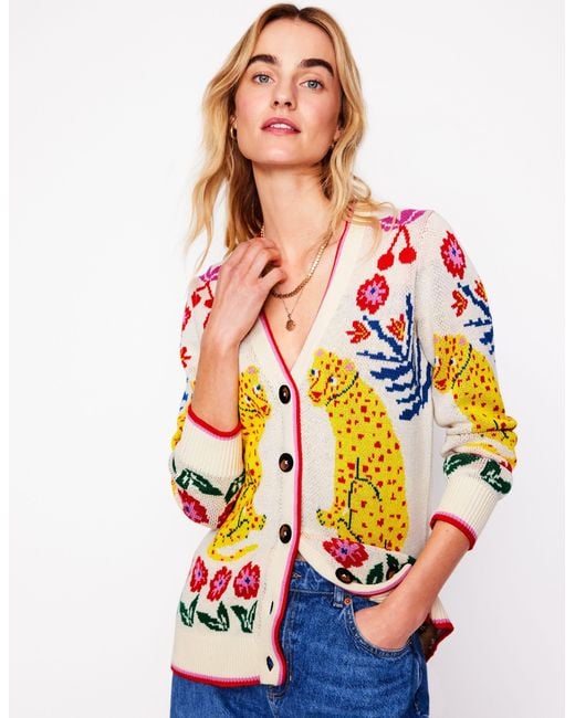 Boden White Jacquard Boyfriend Cardigan Warm Ivory, Leopard