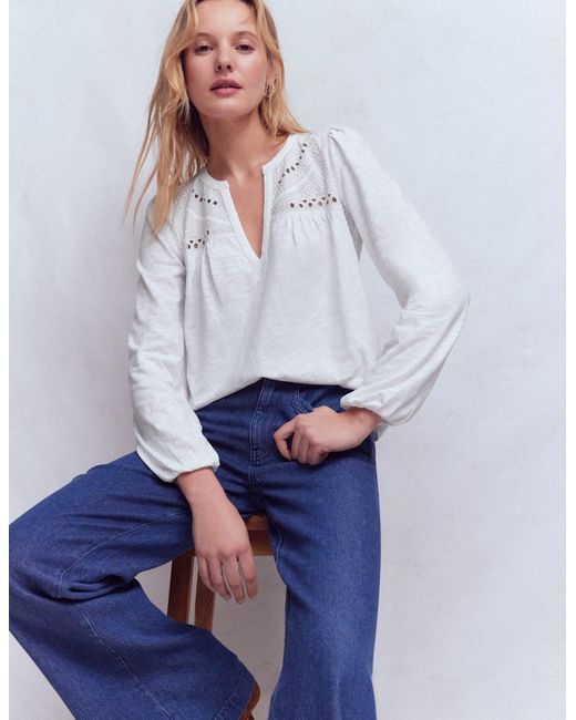 Boden White Woven-Mix Notch Neck Top
