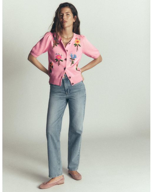 Boden Pink Puff Sleeve Cotton Cardigan
