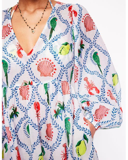 Boden White V-Neck Tiered Cotton Kaftan-Multi, Scallop Stripe