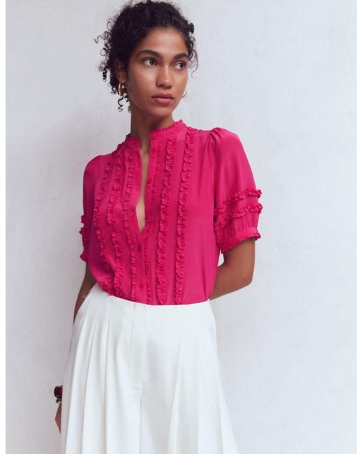 Boden Red Short Sleeve Silk Ruffle Top