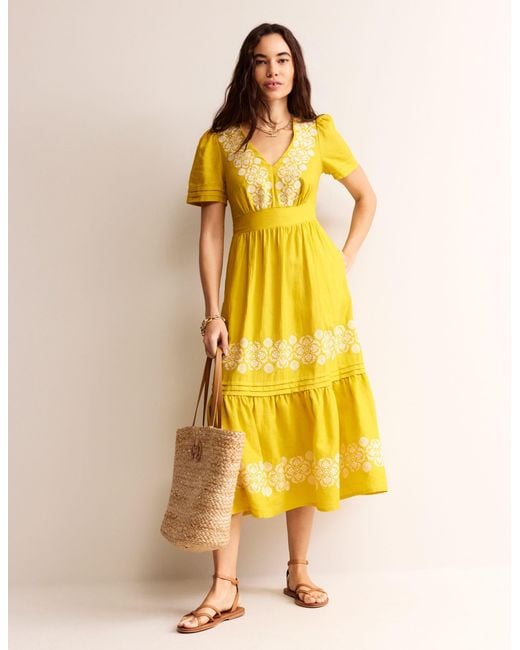 Boden Yellow Eve Linen Midi Dresspassion Fruit Embroidered