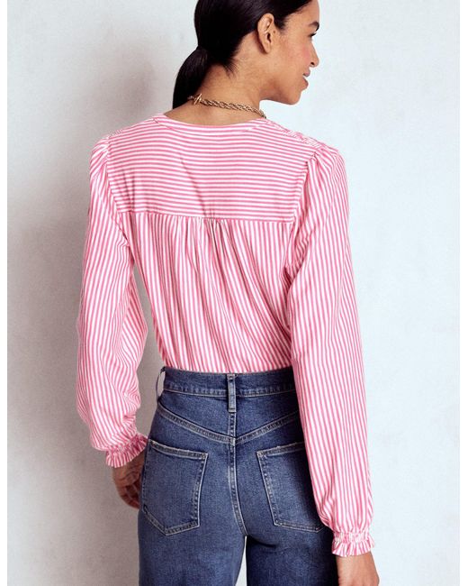Boden Pink Elsa Smocked Yoke Jersey Shirt